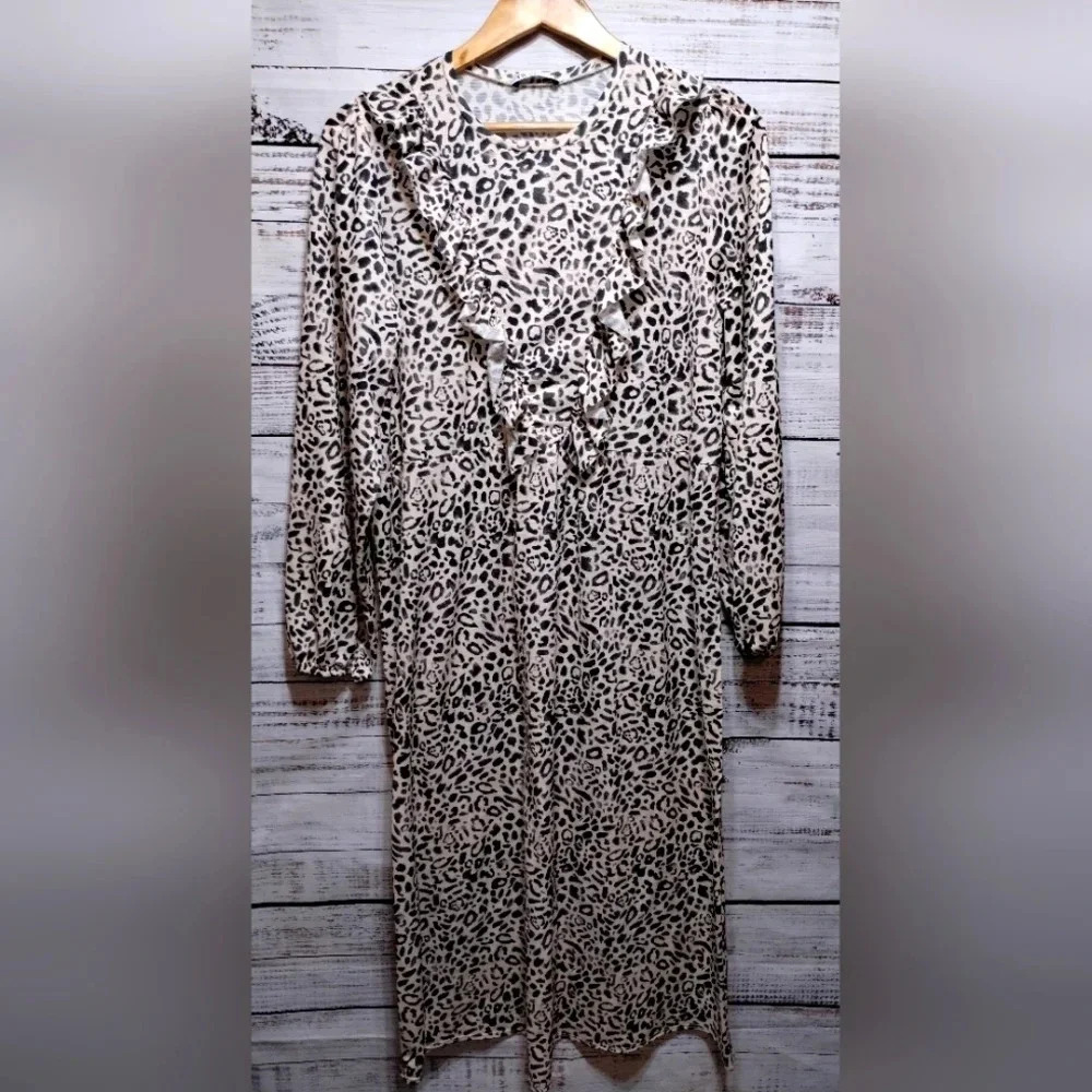 Zara Leopard Print Midi Dress Size M | Ruffle Frill Detail Long‎ Sleeve Boho